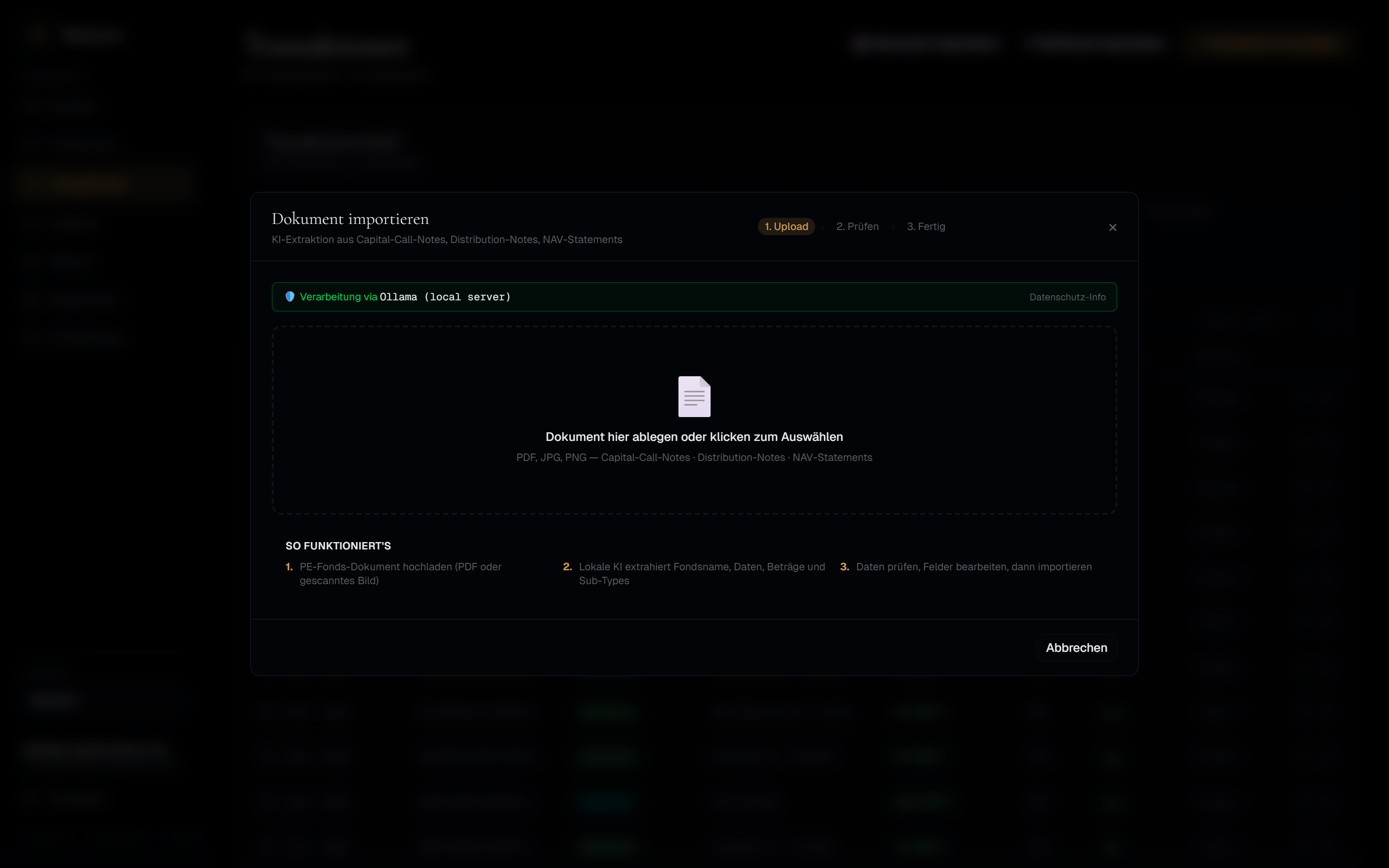 KI-Dokumenten-Import mit dreistufigem Ablauf Upload, Prüfen, Fertig